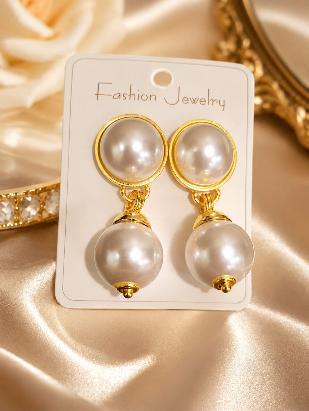 Fashion Jewelry Gold-Tone Double Pearl Drop Earrings - White Pearls